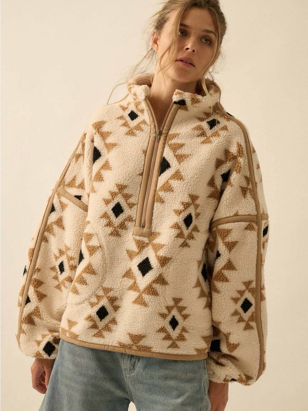 Aztec-Print Sherpa Half-Zip Pullover in Cream & Tan